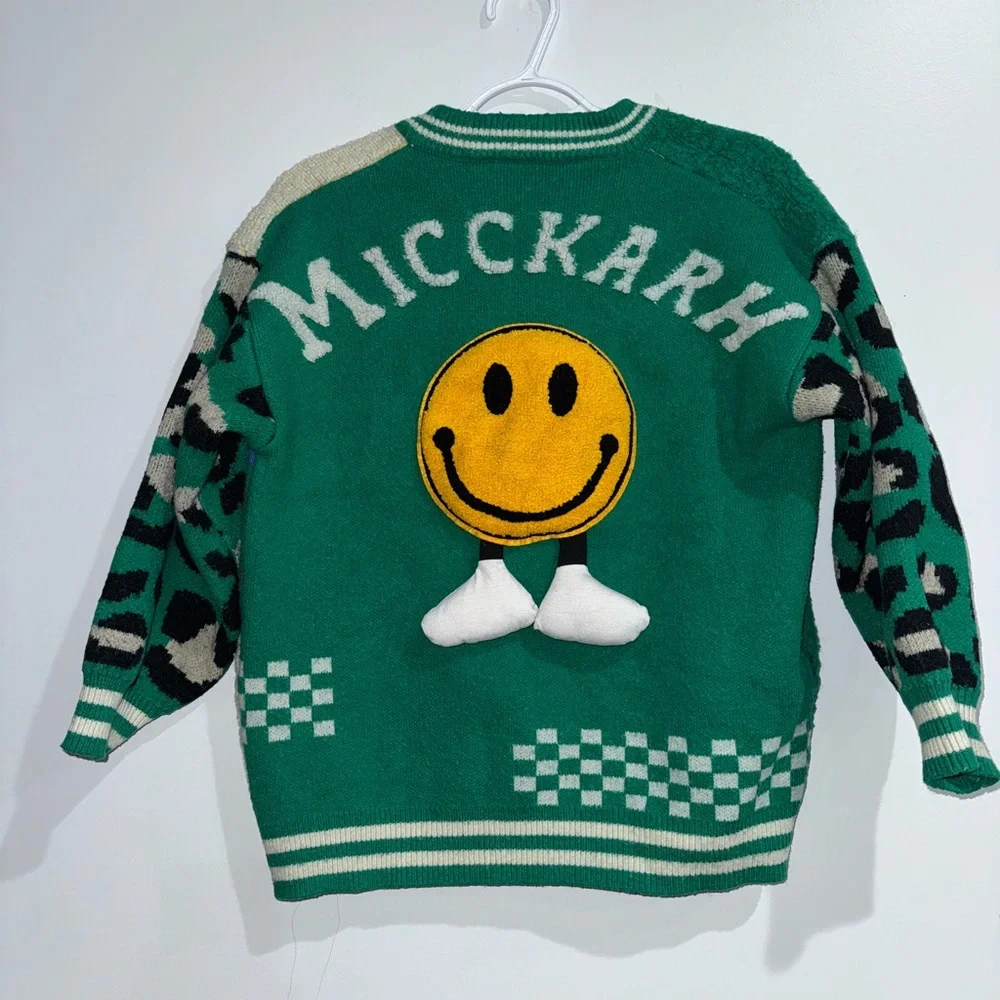 Rare Smiley Patchwork Knit Bomber Jacket Green Leopard Check Full Zip Streetwear